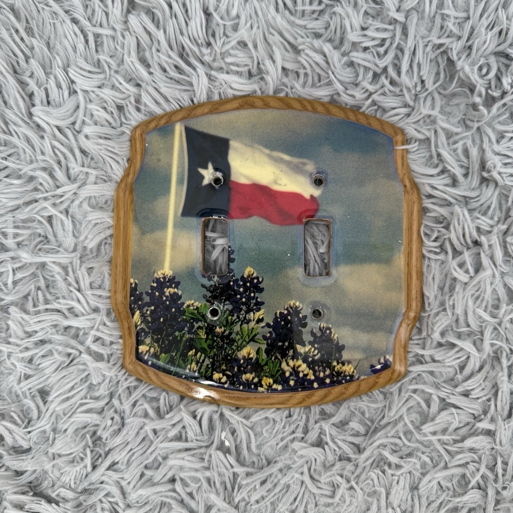 Texas Flag Bluebonnet Double Toggle Switch Plate Wood Frame VTG Western Cowboy